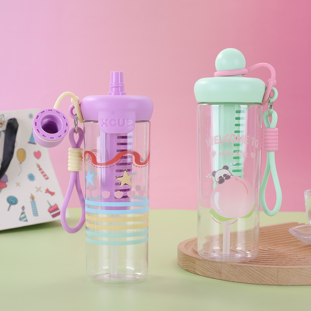 Plastic water cups with high appearance standards, large-capacity portable straw cups for girls, simple summer outdoor high-temperature resistant flower tea cups Specification drawing