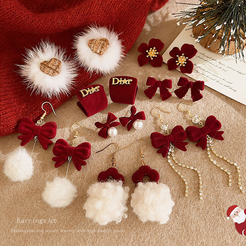 Red Christmas stud earrings for women in autumn and winter, 2024 new styles of pom-pom long tassel earrings, bow and stylish earrings full figure