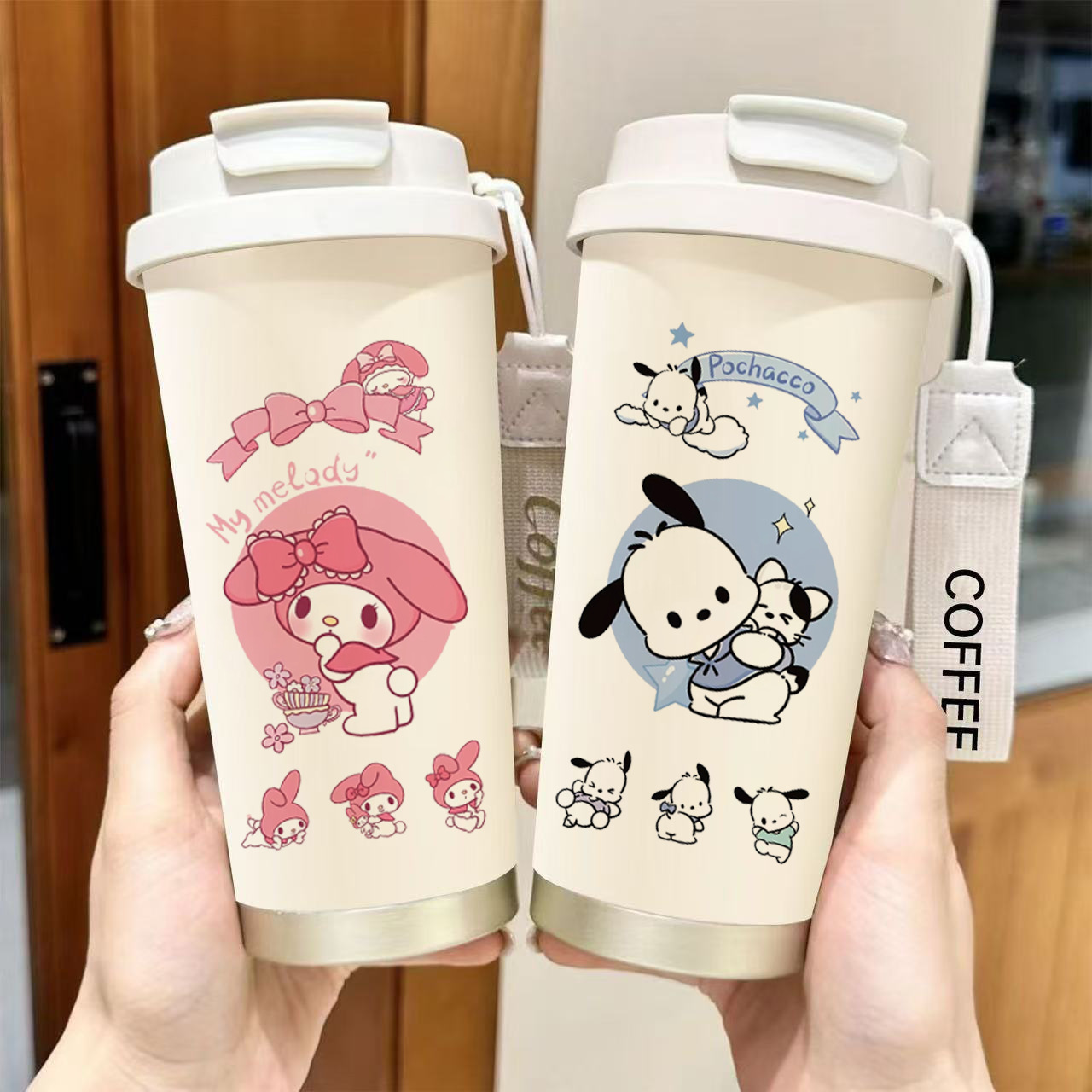 Sanrio high-appearure-level stainless steel insulated cup, cartoon straw coffee cup, large-capacity dual-drinking portable car water cup full figure