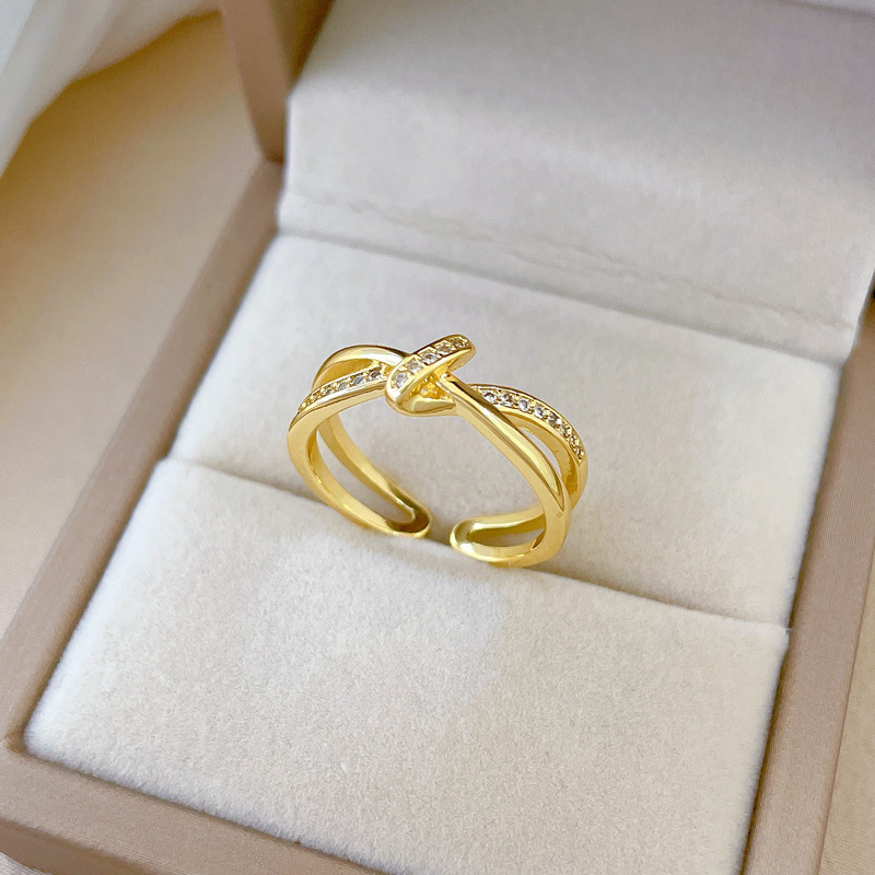 【 Real Gold 】 Cross-knotted full diamond ring with adjustable opening, simple Japanese-style bracelet, couple rings details Picture