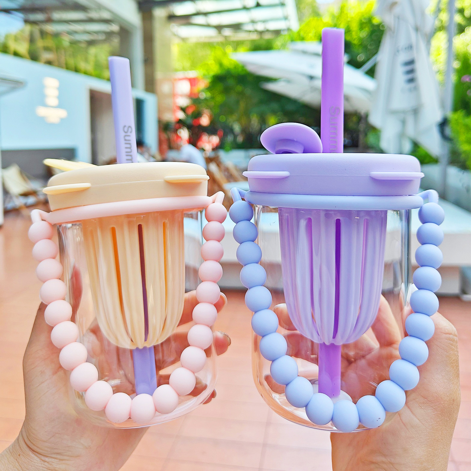 Simple girls' glass cup with tea strainer, summer tea-making straw cup, ins-style student pearl bracelet, office cup Specification drawing
