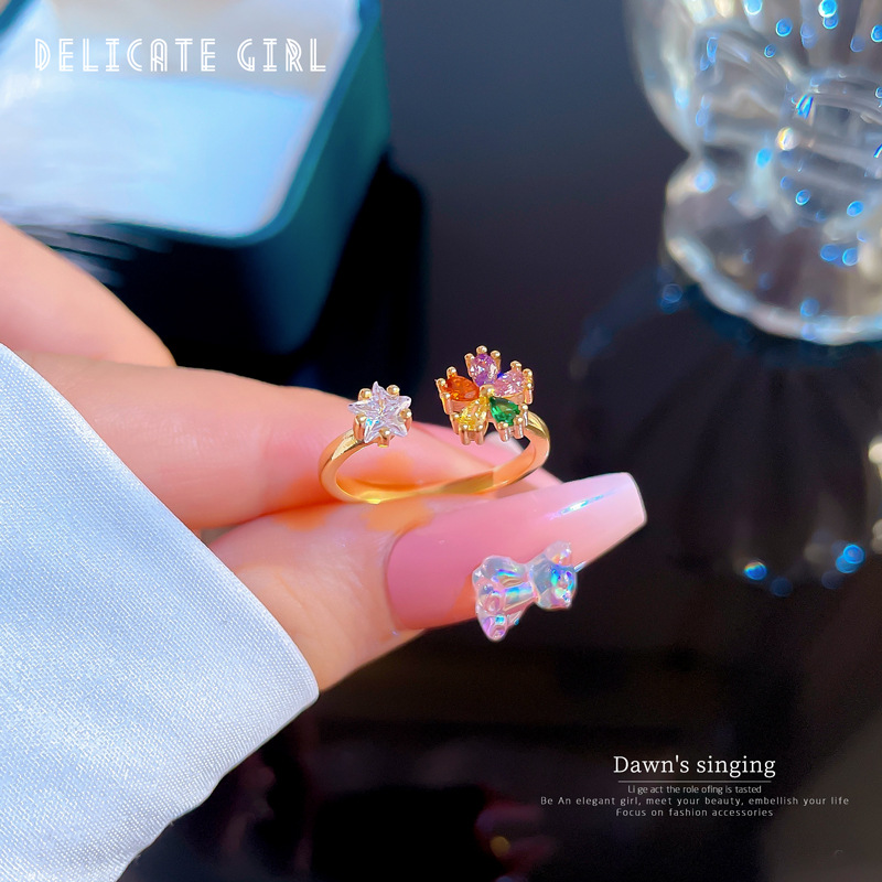 【 Real Gold 】 Diamond-encrusted flower-opening ring for women, a niche and simple design of Japanese and Korean index finger rings, a Internet celebrity Specification drawing