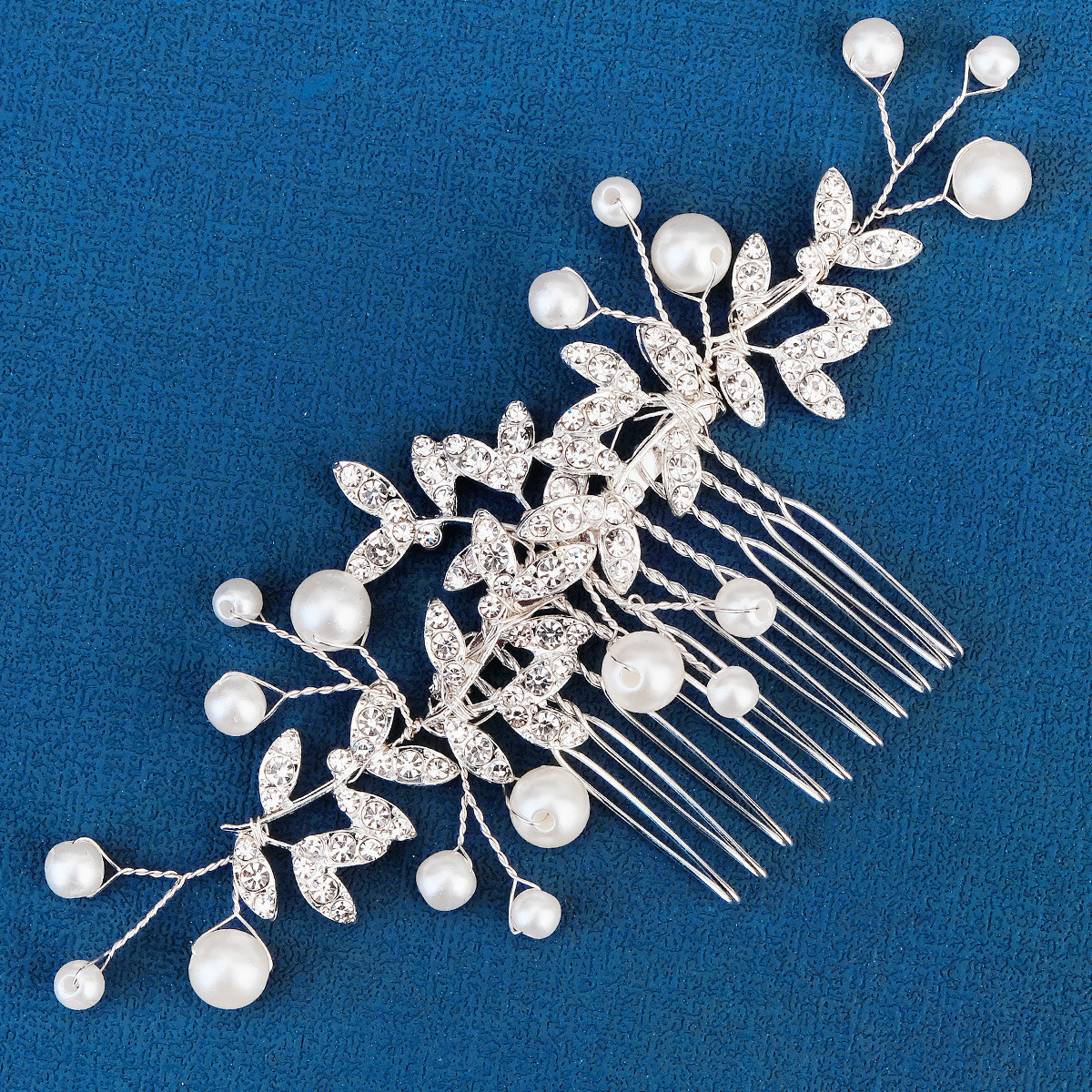 New Chinese-style Xiuhe hair accessory, retro forest-themed handcrafted pearl comb, women's ins updo, alloy water diamond bridal hair comb Specification drawing