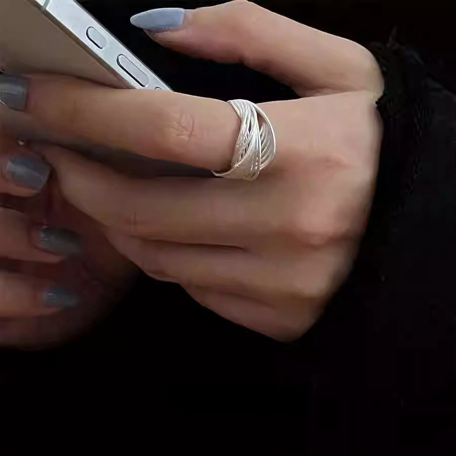 Hollowed-out line woven ring for women, 925 silver, a niche design with a high-end feel, a unique and simple open ring Specification drawing