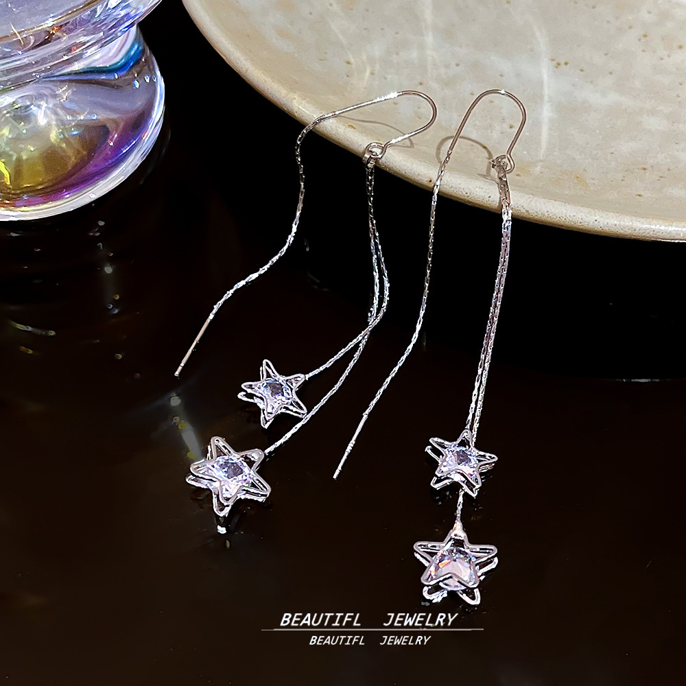 925 Silver Needle High-end five-pointed star tassel ear Thread earrings, Korean star style, round face slimming, internet-famous earrings full figure