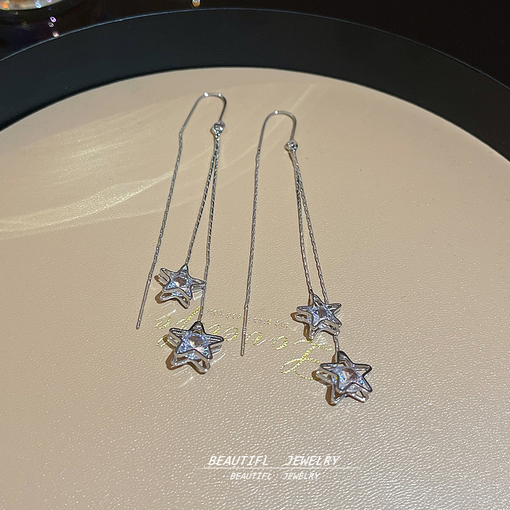925 Silver Needle High-end five-pointed star tassel ear Thread earrings, Korean star style, round face slimming, internet-famous earrings Specification drawing
