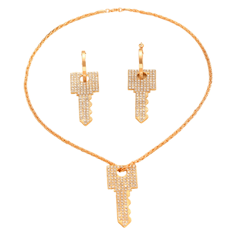 European and American cross-border fashion and creative ins metal design sense, full diamond light luxury key pendant earrings necklace women's jewelry Item Picture