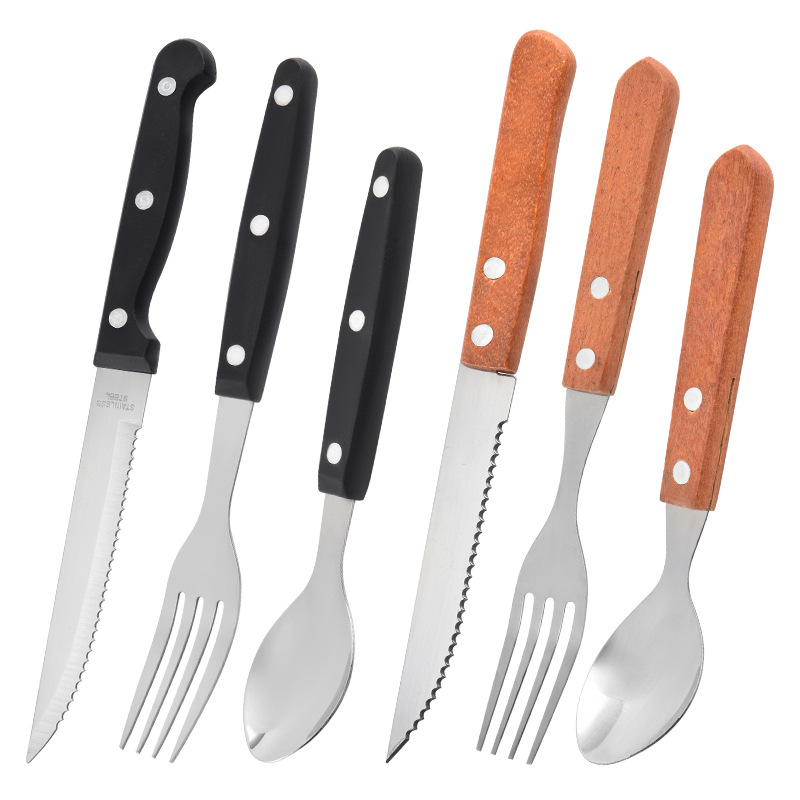 Stainless steel, rosewood handle, plastic handle steak knife and fork set, Western knife, fork and spoon gift box three-piece set Item Picture