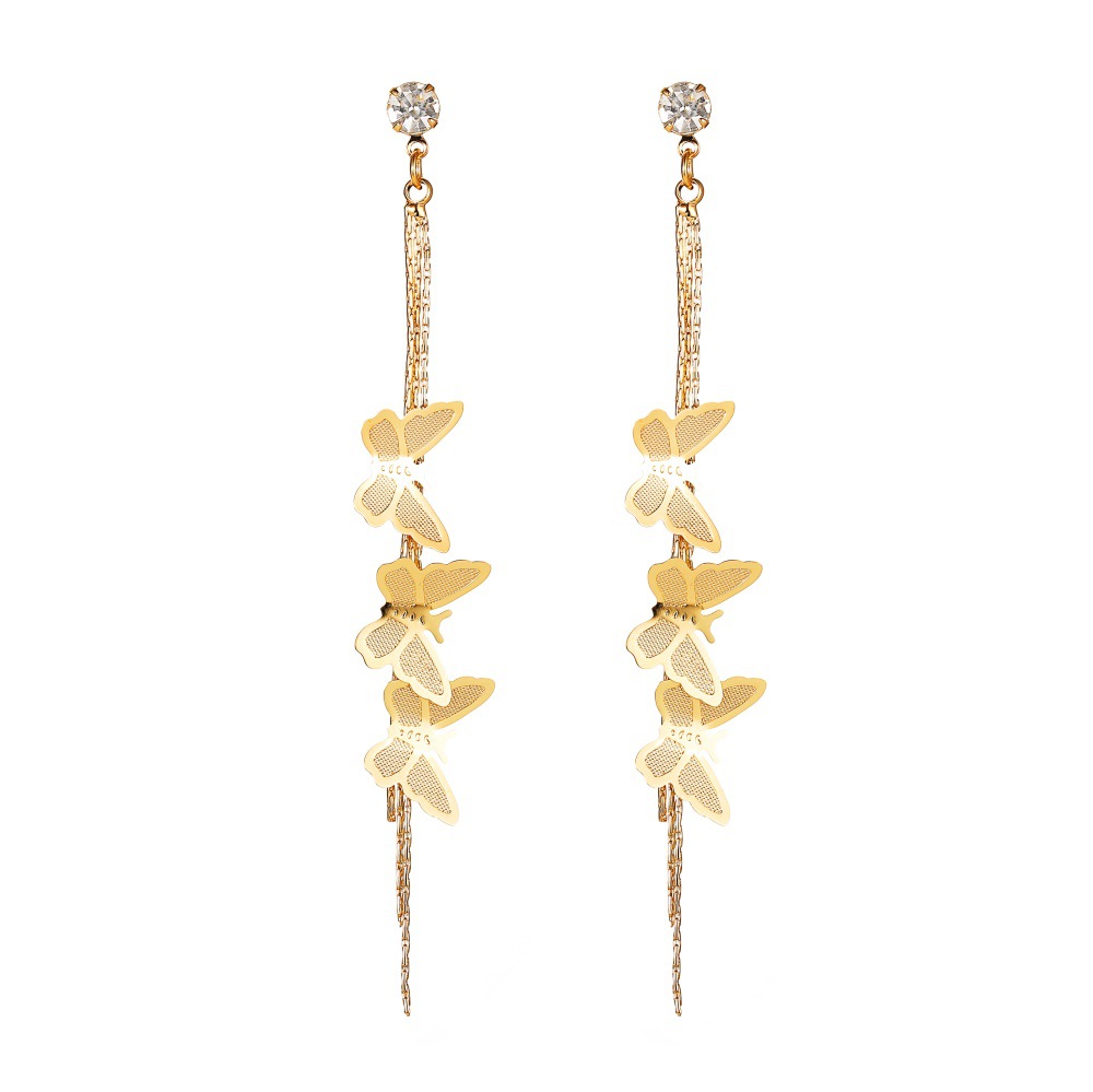 The new Korean version of the earrings features a sweet and elegant style. The long three-tassel earrings are simple and versatile, and the butterfly earrings are a perfect match Item Picture