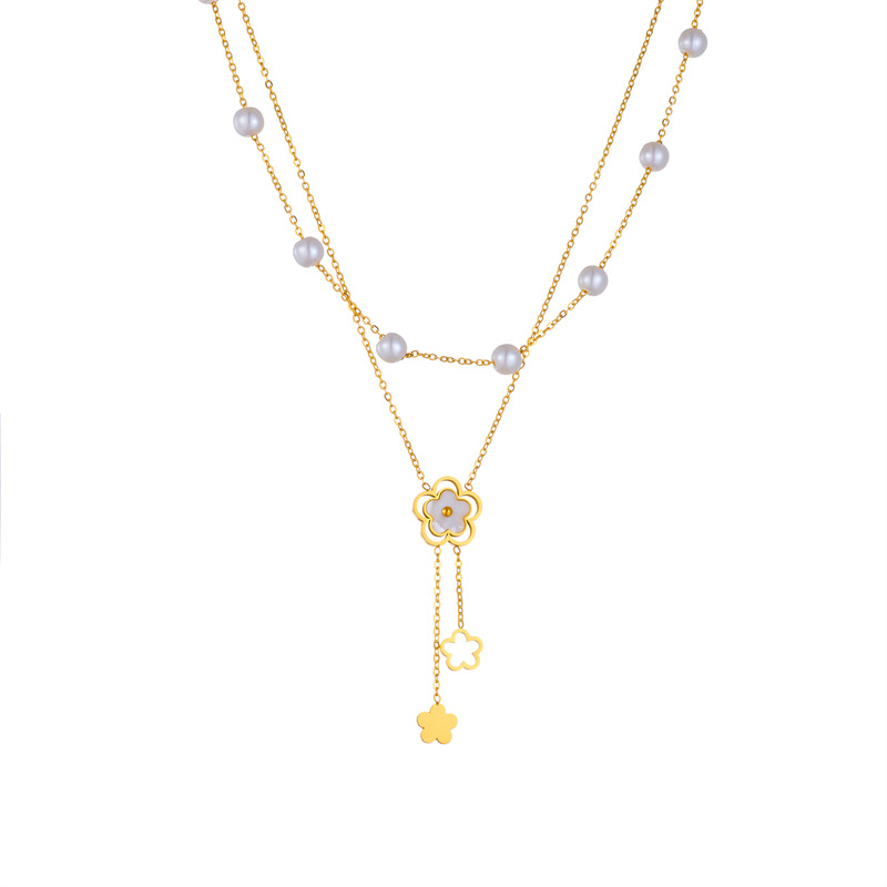 A fashionable and simple double-layer pearl flower chain tassel pendant titanium steel necklace Item Picture