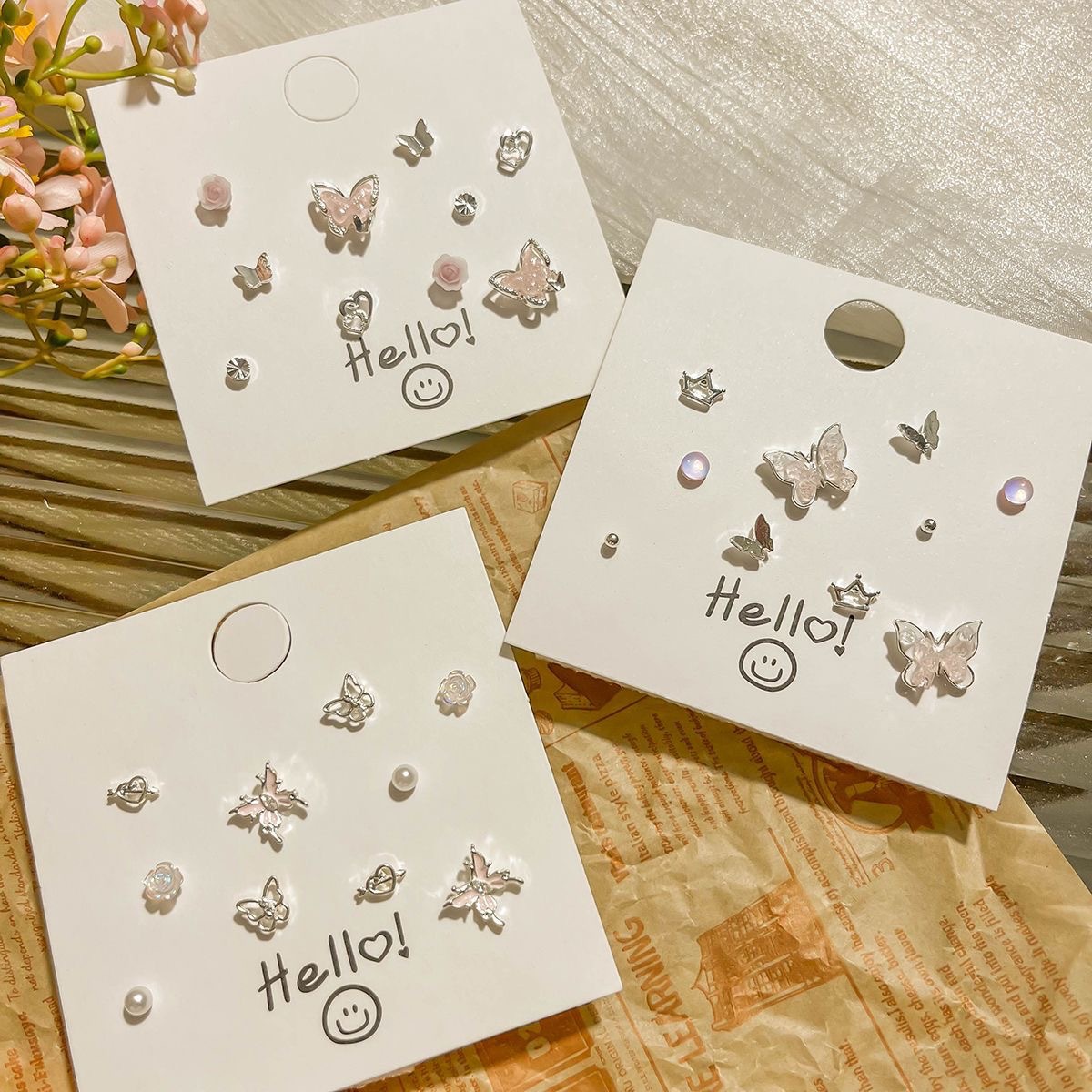 Sweet and cute silver needle, small and exquisite stud earrings, niche new set, ins fresh glitter butterfly earrings wholesale details Picture