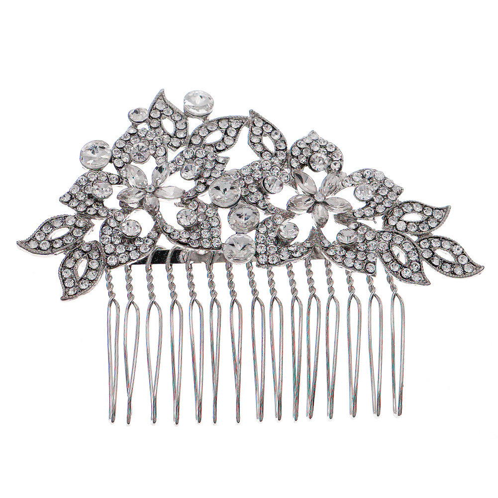 New AliExpress alloy rhinestone hair comb with a high-end European and American style, elegant and grand bridal accessory, floral leaf bun hair comb Item Picture