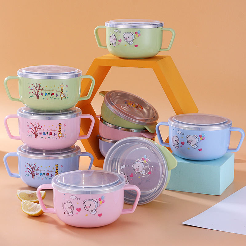 304 stainless steel children's cartoon rice bowl, double-layer heat-insulating double-ear bowl, baby food bowl with handle, gift logo full figure