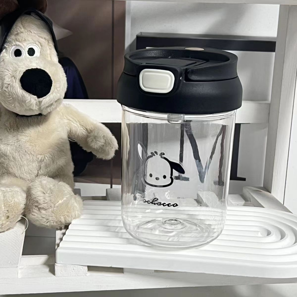 Trendy and fashionable dog print double-spout plastic cup, unique black and white, versatile design sense, portable water cup for girls Specification drawing