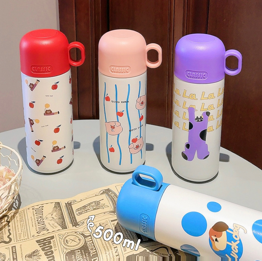 Cute cartoon dopamine insulated cup, retro stainless steel water cup, two-in-one cup gift for girl students details Picture