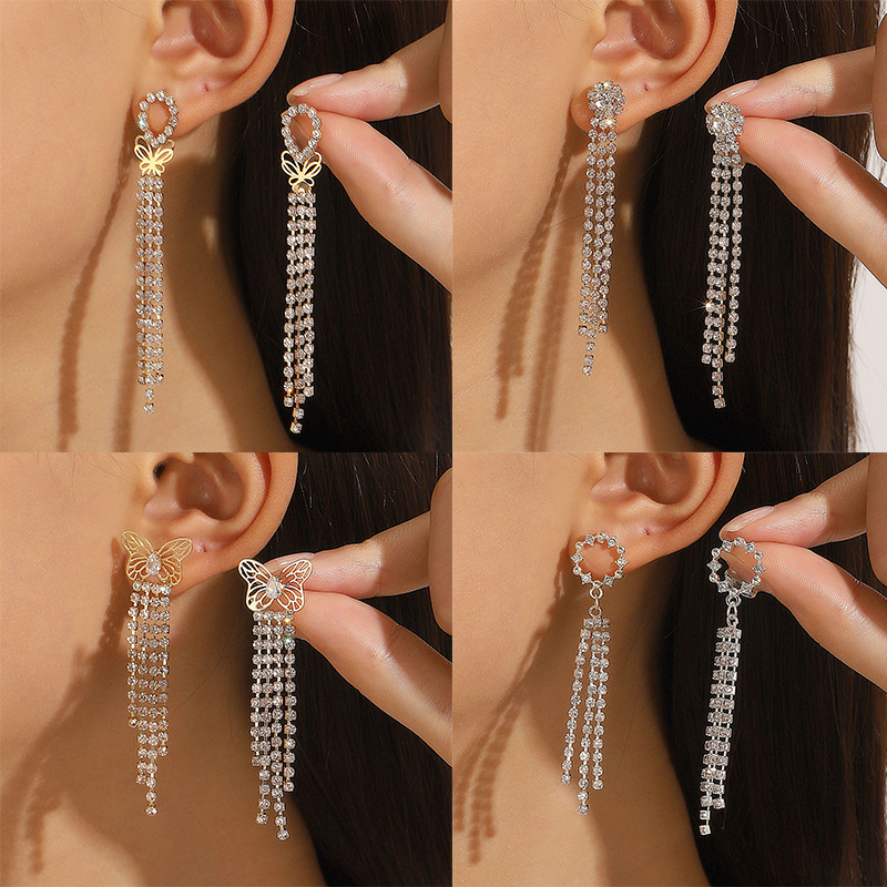 New cross-border ultra-sparkling long tassel earrings, women's ins style, exaggerated European and American full diamond light luxury butterfly earrings full figure