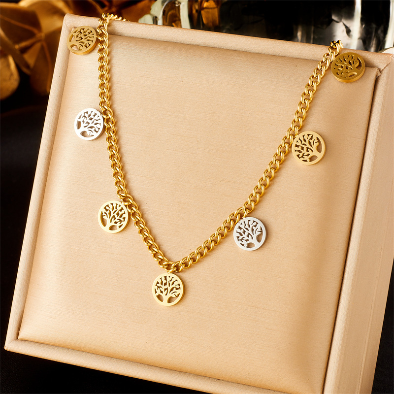 A European and American fashion niche design two-color accessory, butterfly Life tree pendant, gold-plated stainless steel chain necklace details Picture