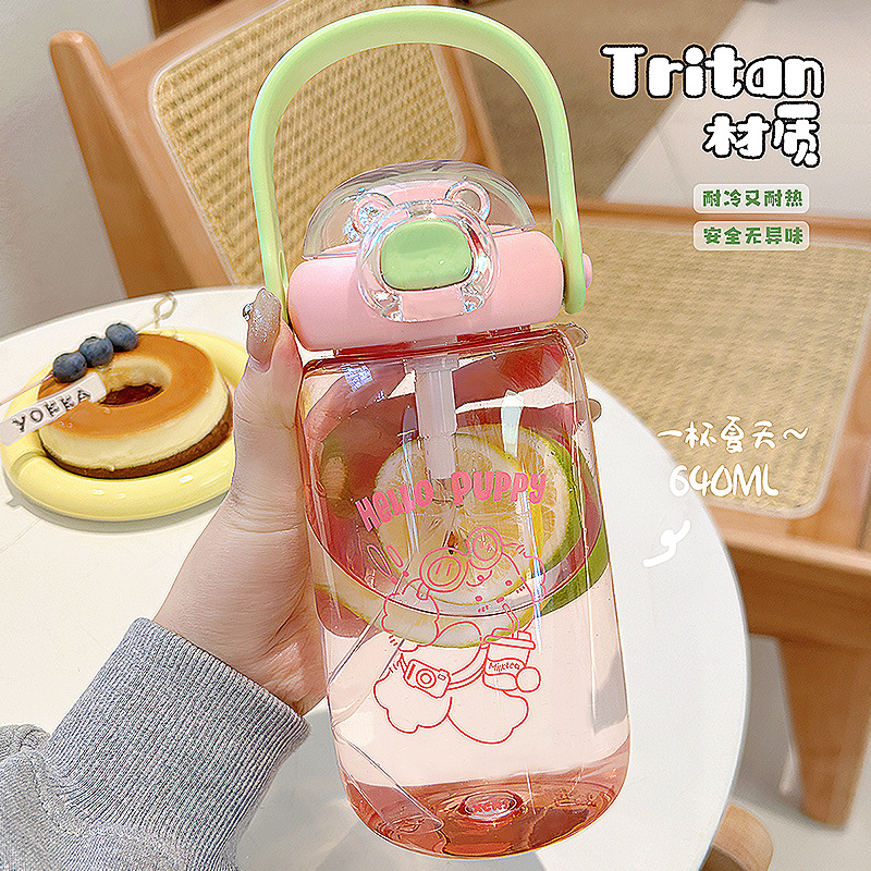 Cute girl plastic cup, cute cartoon student portable water bottle, outdoor anti-drop, high appearance level, double-drinking straw water cup full figure