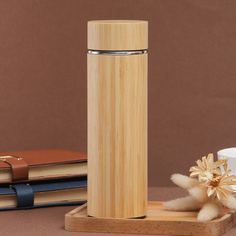 Customized European and American style bamboo shell insulated cups, double-layer stainless steel bamboo shell insulated cups, handle bamboo lid cups, customizable logos Specification drawing