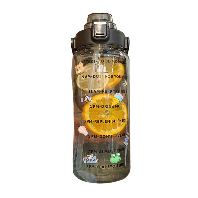 Large-capacity plastic cup with straw and scale, transparent water cup, anti-drop portable handle, outdoor sports and fitness water bottle Item Picture