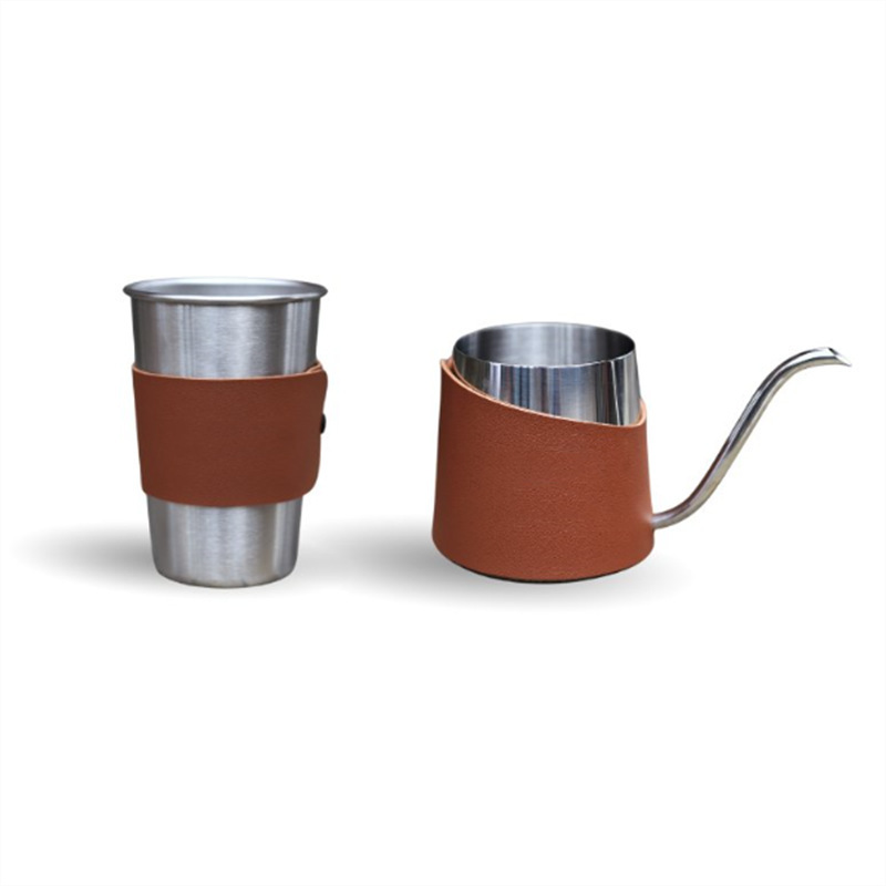 Cross-border outdoor hand-brewed coffee pot, stainless steel with leather insulated water cup, simple and high appearance level, narrow-mouthed pot, travel cup details Picture