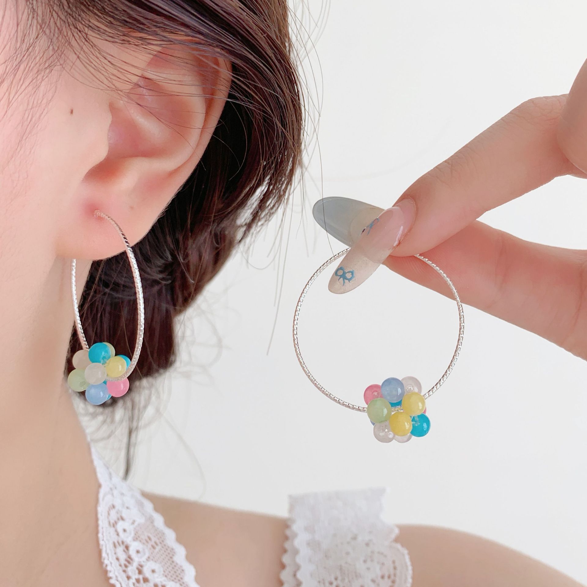Summer dopamine, fresh and light blue, transparent beaded ear rings, women's exaggerated and high-end style, vacation style earrings details Picture