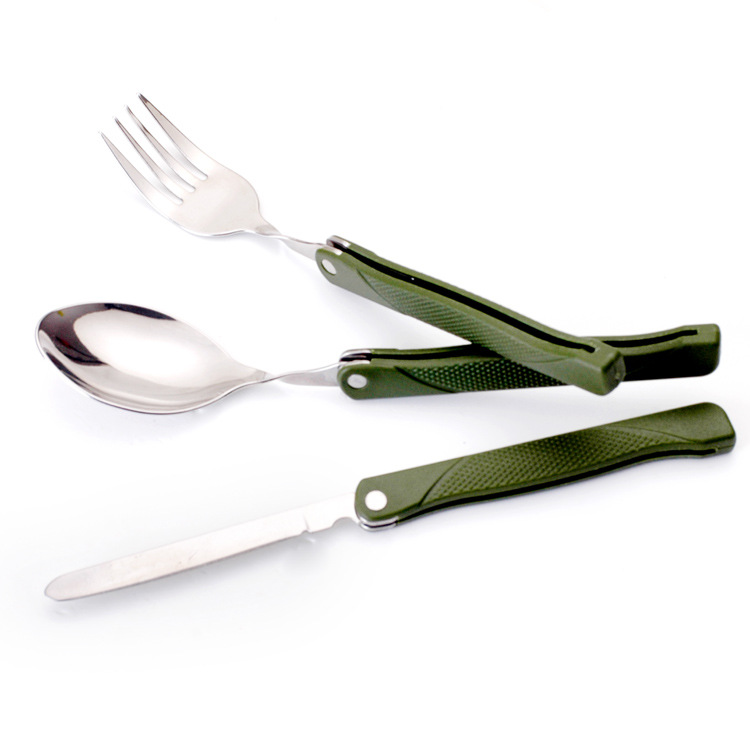 Three-piece stainless steel knife, fork and spoon set, European portable tableware, foldable plastic tableware, outdoor knife and fork set Item Picture