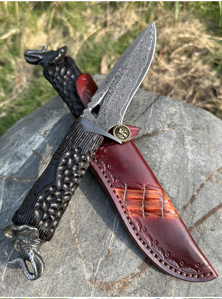 Hand-forged VG10 Damascus steel knife, portable outdoor straight knife, high-hardness camping knife, fruit pickling meat Item Picture