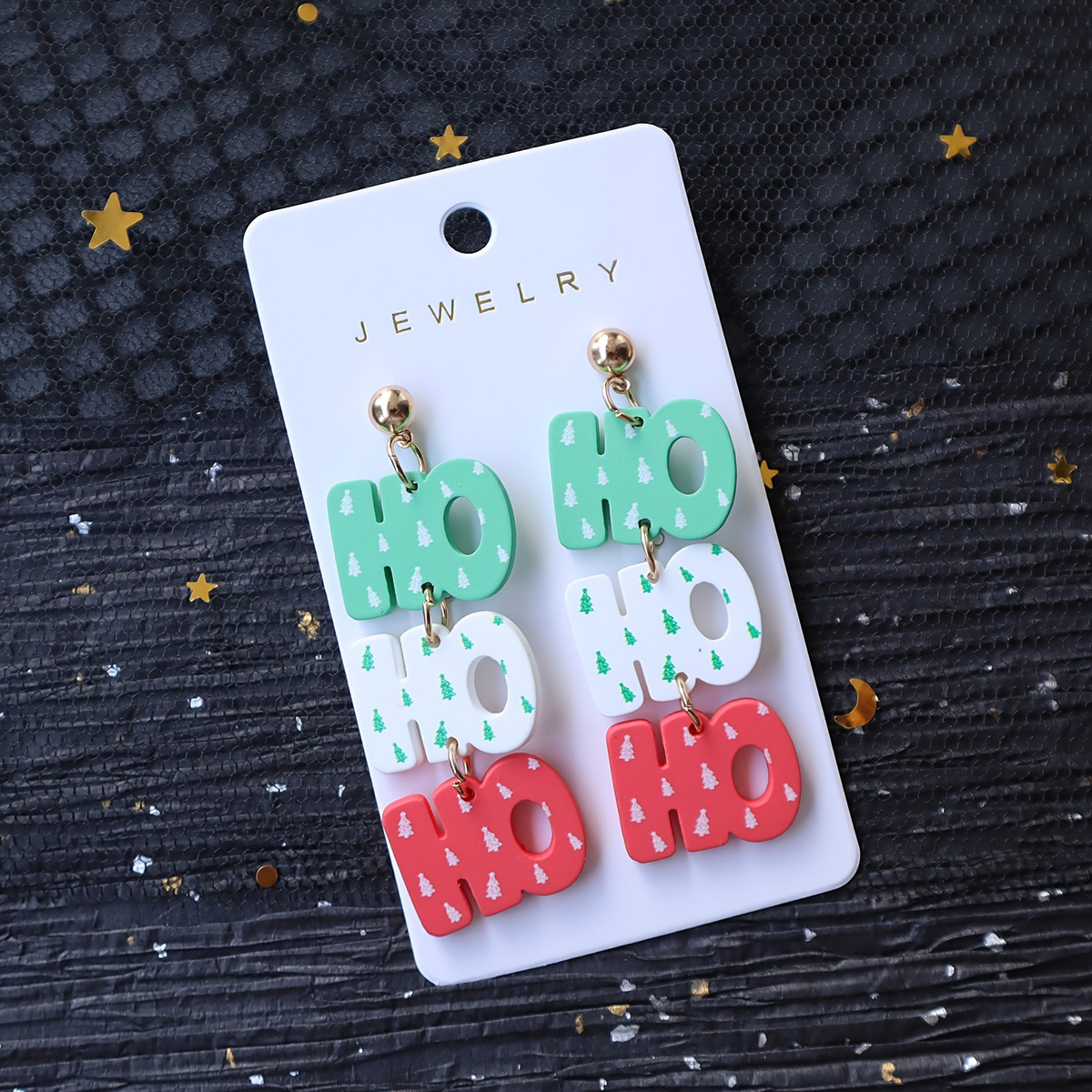 Christmas acrylic imitation soft clay lacquer earrings HO personalized letter Christmas tree print earrings, holiday earrings for women Specification drawing