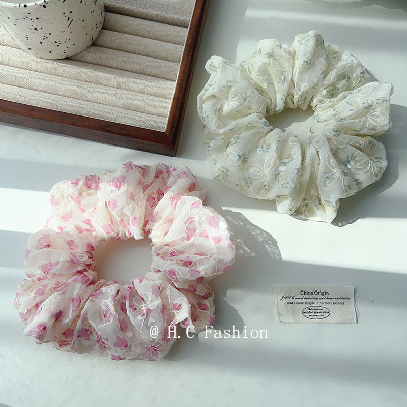 Fresh and delicate floral large intestine hair tie headwear, women's hair bun bun hair tie, high-elasticity and durable leather band hair tie Specification drawing