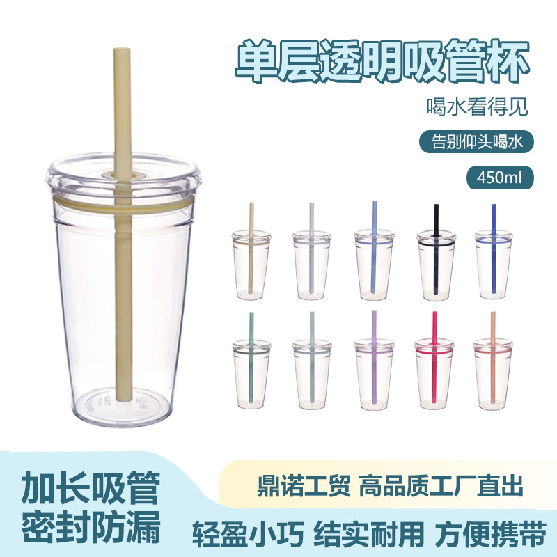 Cross-border manufacturer direct supply summer new model 450ml milk tea cup, straw cup, single-layer candy multi-color plastic water cup full figure