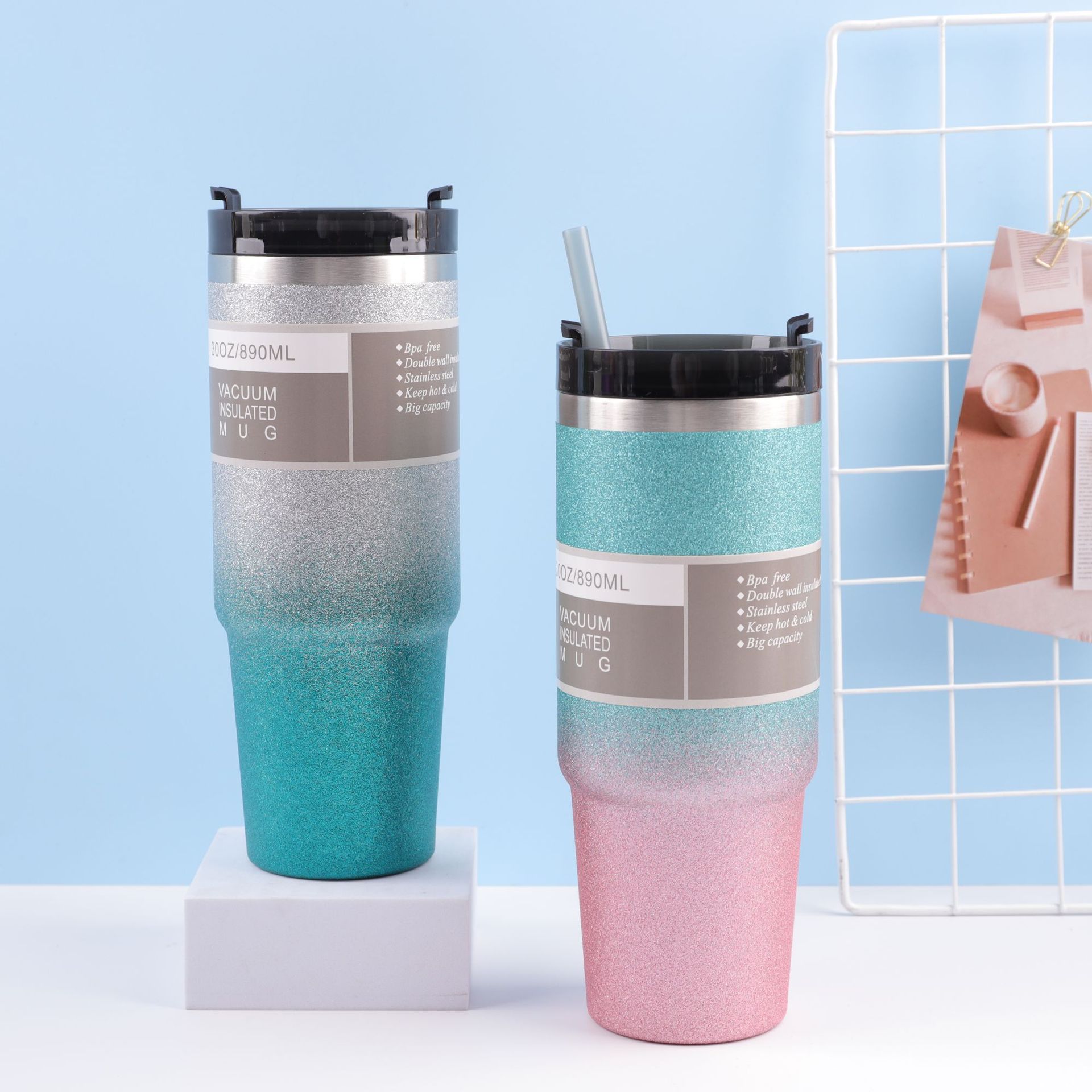 Wholesale of diamond-painted car cups, double-layer stainless steel insulated cups, beer ice cups, coffee cups with straws Specification drawing