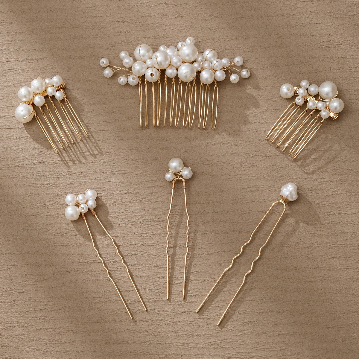 European and American retro pearl hair accessory, female socialite's updo, handcrafted comb, bride's wedding jewelry, pearl hair comb six-piece set details Picture