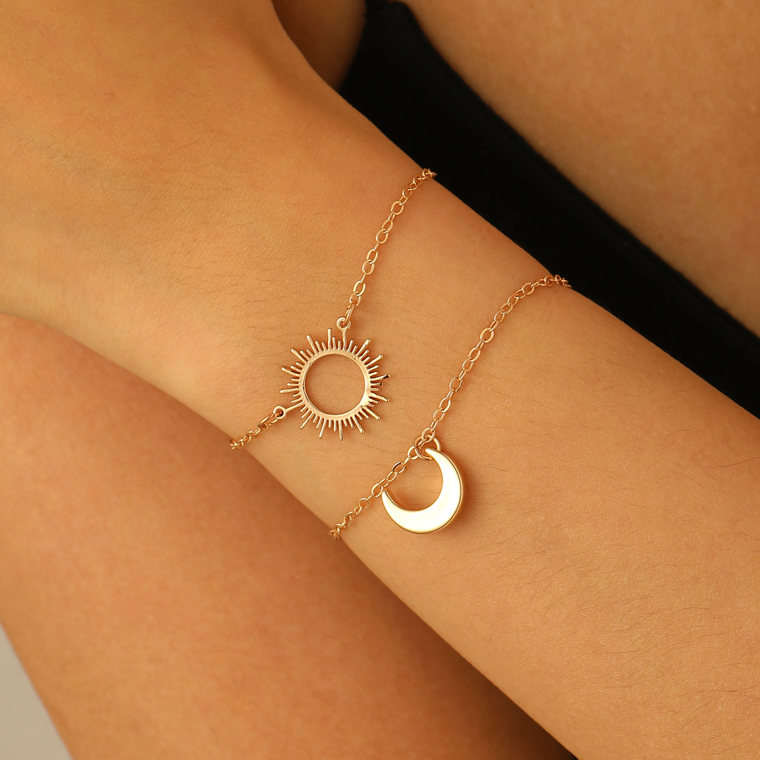 European and American cross-border hollowed-out sun and moon couple ankle chain necklace bracelet double-layer layered jewelry set for women Specification drawing