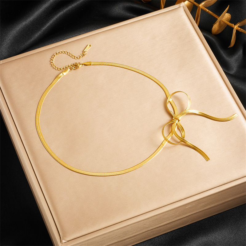 Korean-style fashionable and elegant simple gold-plated stainless steel bow snake bone chain jewelry necklace Specification drawing