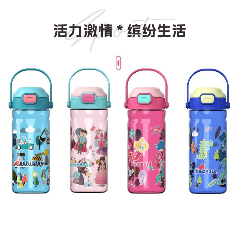 2024 in-stock cross-border portable cartoon trendy water cups, portable outdoor student and children's straw cups, plastic water bottles Specification drawing