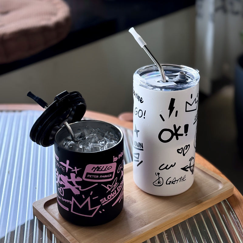 New graffiti stainless steel coffee cup, creative water cup for girls' office, portable outdoor straw cup, household cup full figure