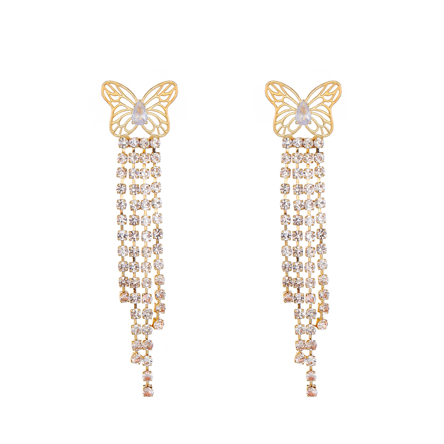 New cross-border ultra-sparkling long tassel earrings, women's ins style, exaggerated European and American full diamond light luxury butterfly earrings Item Picture