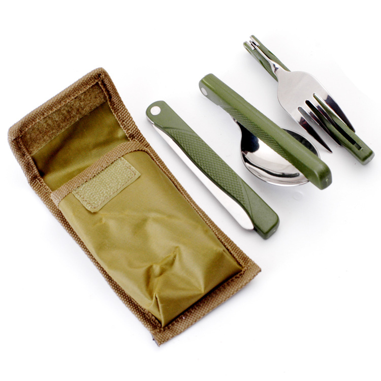 Three-piece stainless steel knife, fork and spoon set, European portable tableware, foldable plastic tableware, outdoor knife and fork set full figure