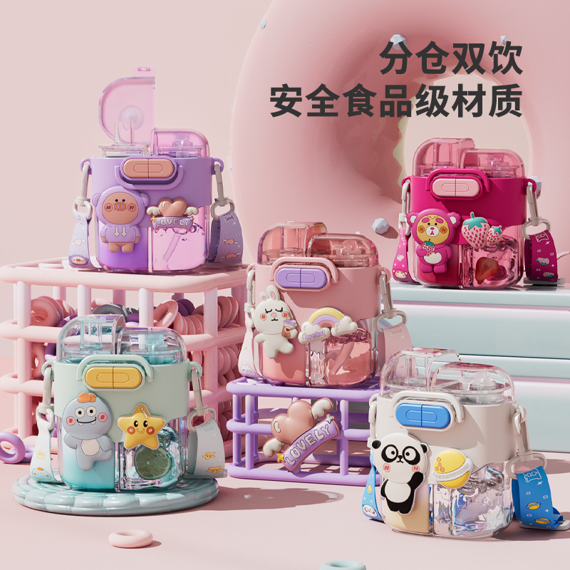 Personalized and trendy animal plastic cups, cute cartoon dolls, double-drinking cups, portable large-capacity outdoor sports water cups Application Scenario