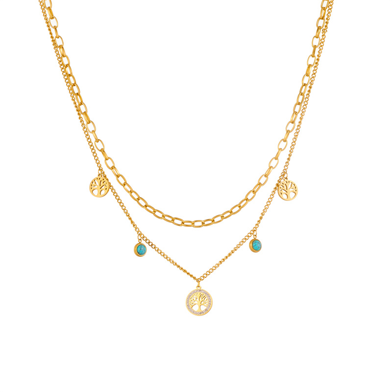 A fashionable, niche, retro, simple and high-end round diamond-encrusted life tree turquoise pendant double-layer chain necklace Item Picture