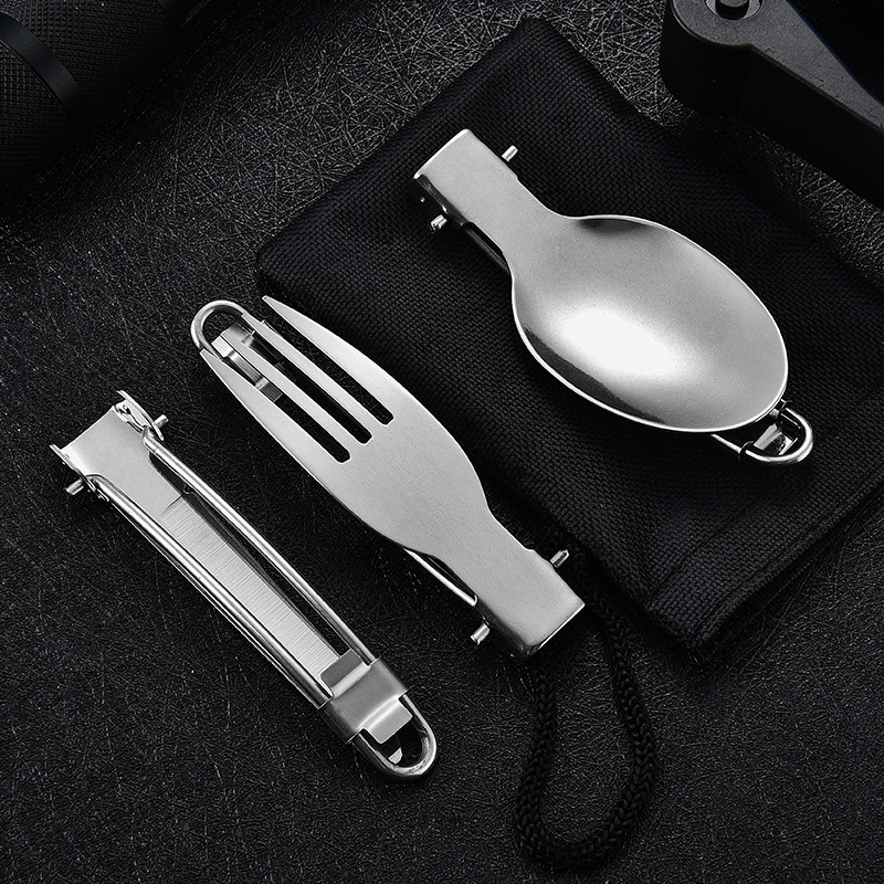 Mini multi-functional foldable outdoor camping stainless steel portable combination set, folding knife, fork and spoon tableware Application Scenario