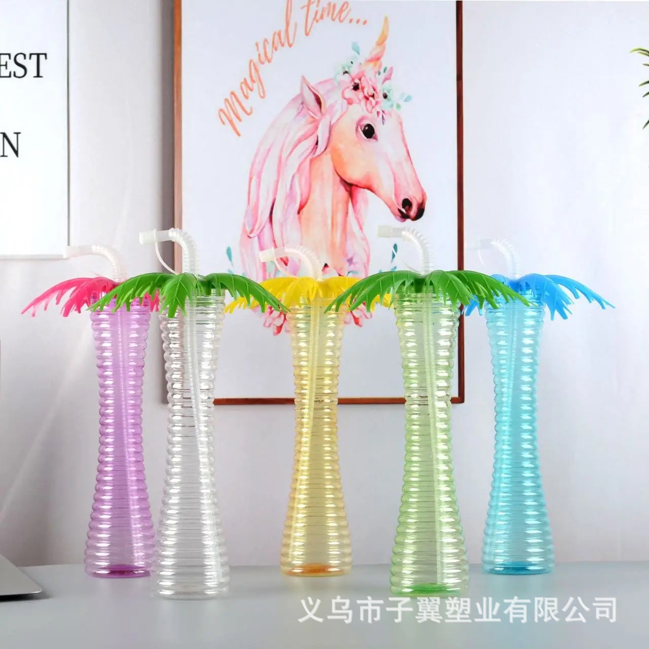 Factory direct sales of disposable PET food-grade creative torch tree cups, beach summer juice milk tea straw cups details Picture