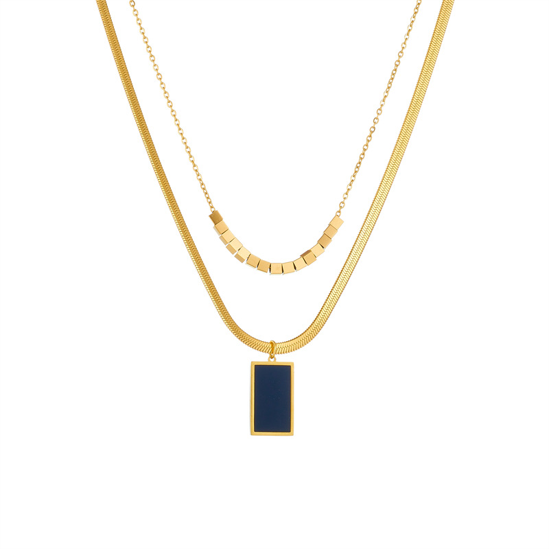 European and American cross-border retro fashion black square accessory pendant, double-layer stainless steel jewelry chain necklace Item Picture