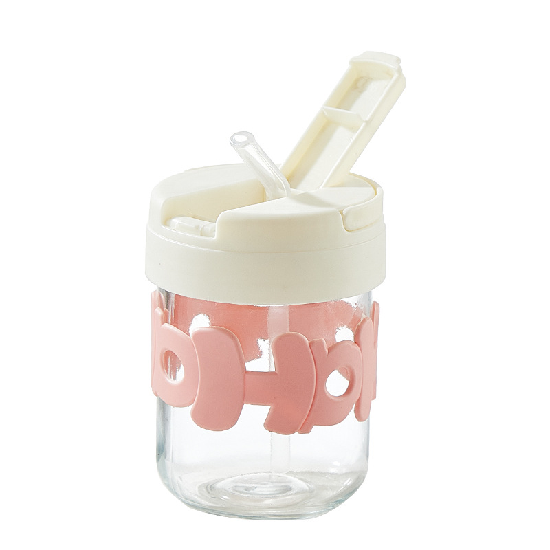 Letter cup sleeve, double-drinking cup, transparent glass hand-held water cup, cute and fresh, household straw cup, 350ml cup Item Picture