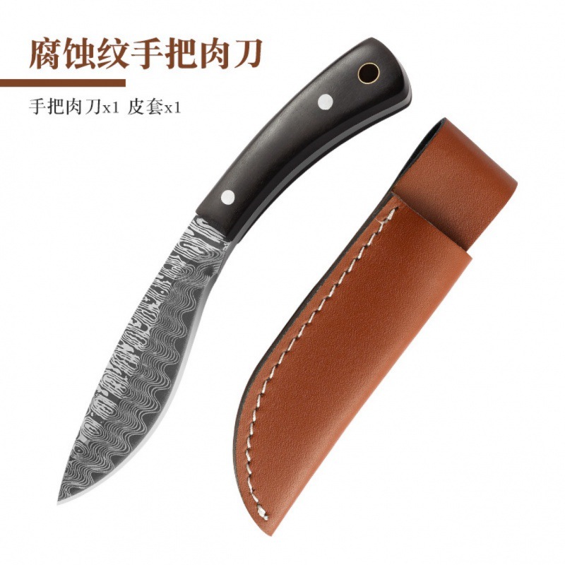 A Damask patterned hand-forged meat knife with a leather case is available for barbecuing, camping, outdoor use, and fruit knives Application Scenario