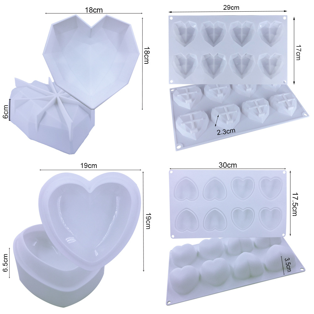Cross-border exclusive Valentine's Day romantic scented candle mold, silicone heart-shaped mousse mold, diamond heart baking mold Specification drawing