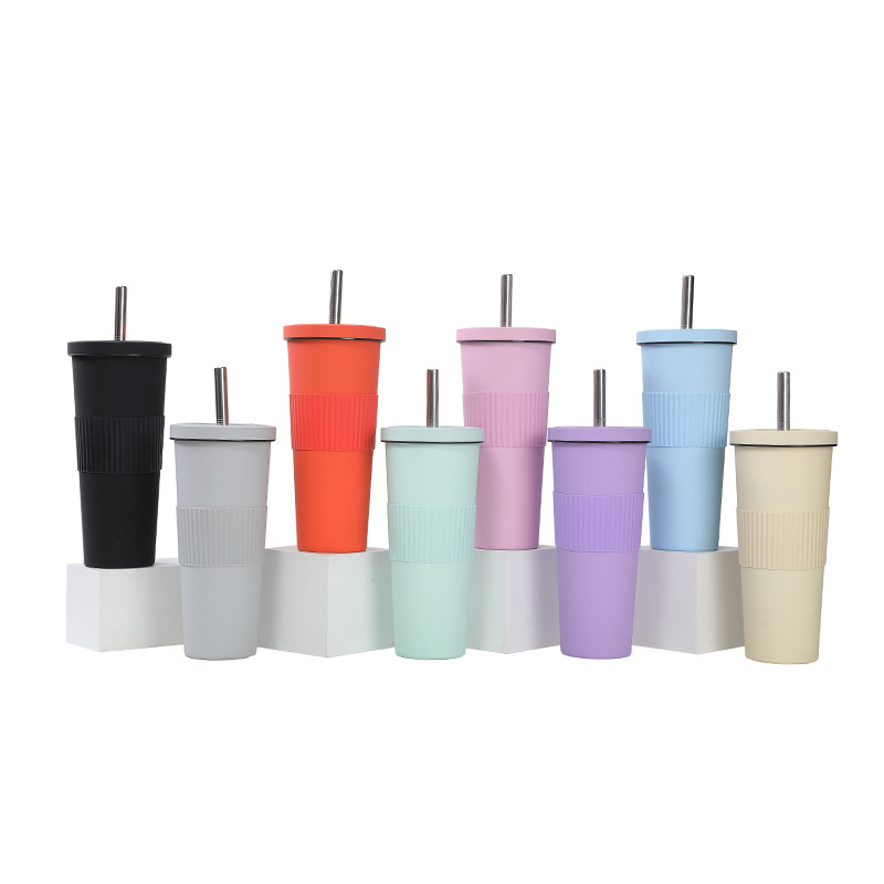 Cross-border factory direct supply stainless steel insulated cups, simple solid color large-capacity water cups, bubble milk tea straw cups details Picture