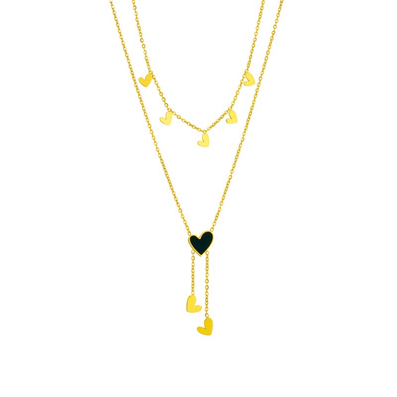 Korean-style simple, fashionable and niche design, oil-dripping glossy heart-shaped tassel irregular double-layer titanium steel necklace Item Picture