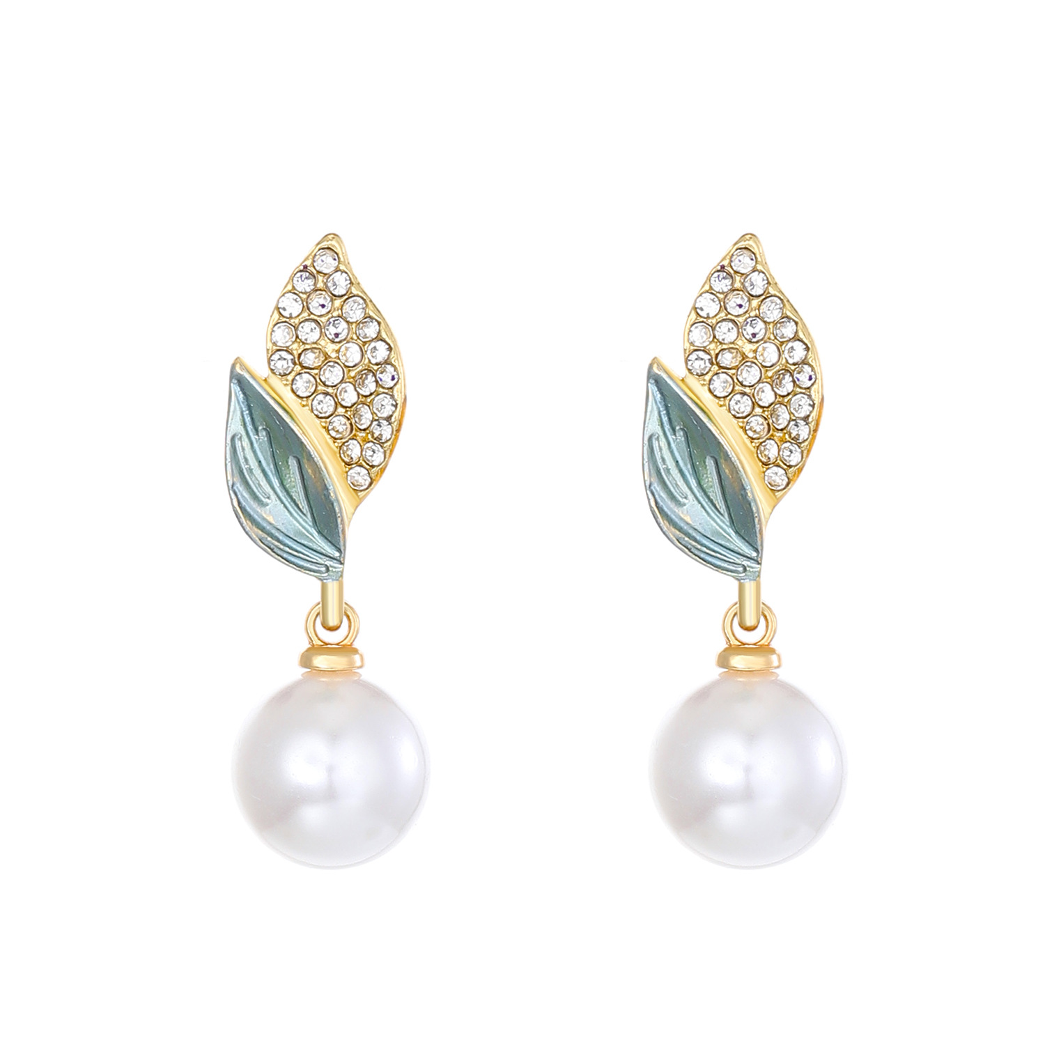 Super fairy sparkling diamond leaf pearl earrings, a creative design of European and American ins style for women, leaf stud earrings, a popular light luxury ear accessory Item Picture
